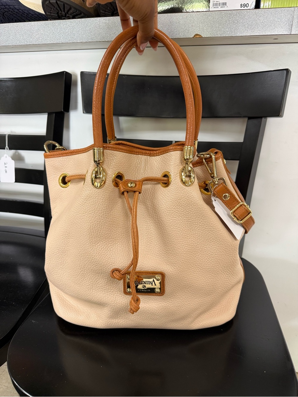 Valentina Beige and Tan Drawstring Shoulder Bag